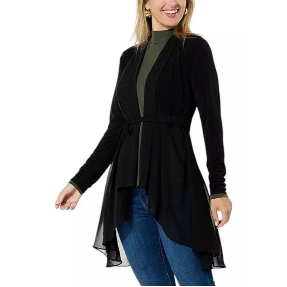 Colleen Lopez Women's Mixed Media Hi-Low Hem Ruffled Cardigan Black XS Whimsy
